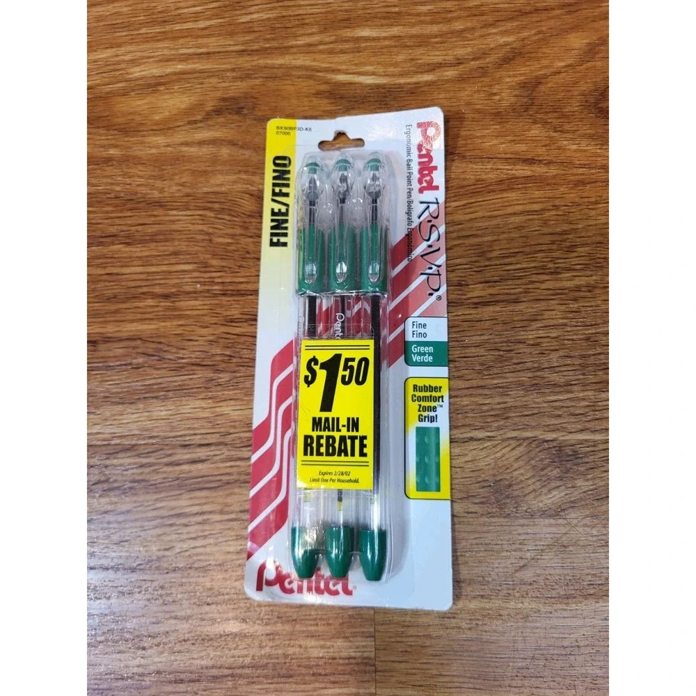 NEW Vintage Pentel RSVP Green Ball Point Pen Fine Capped 3 Pack